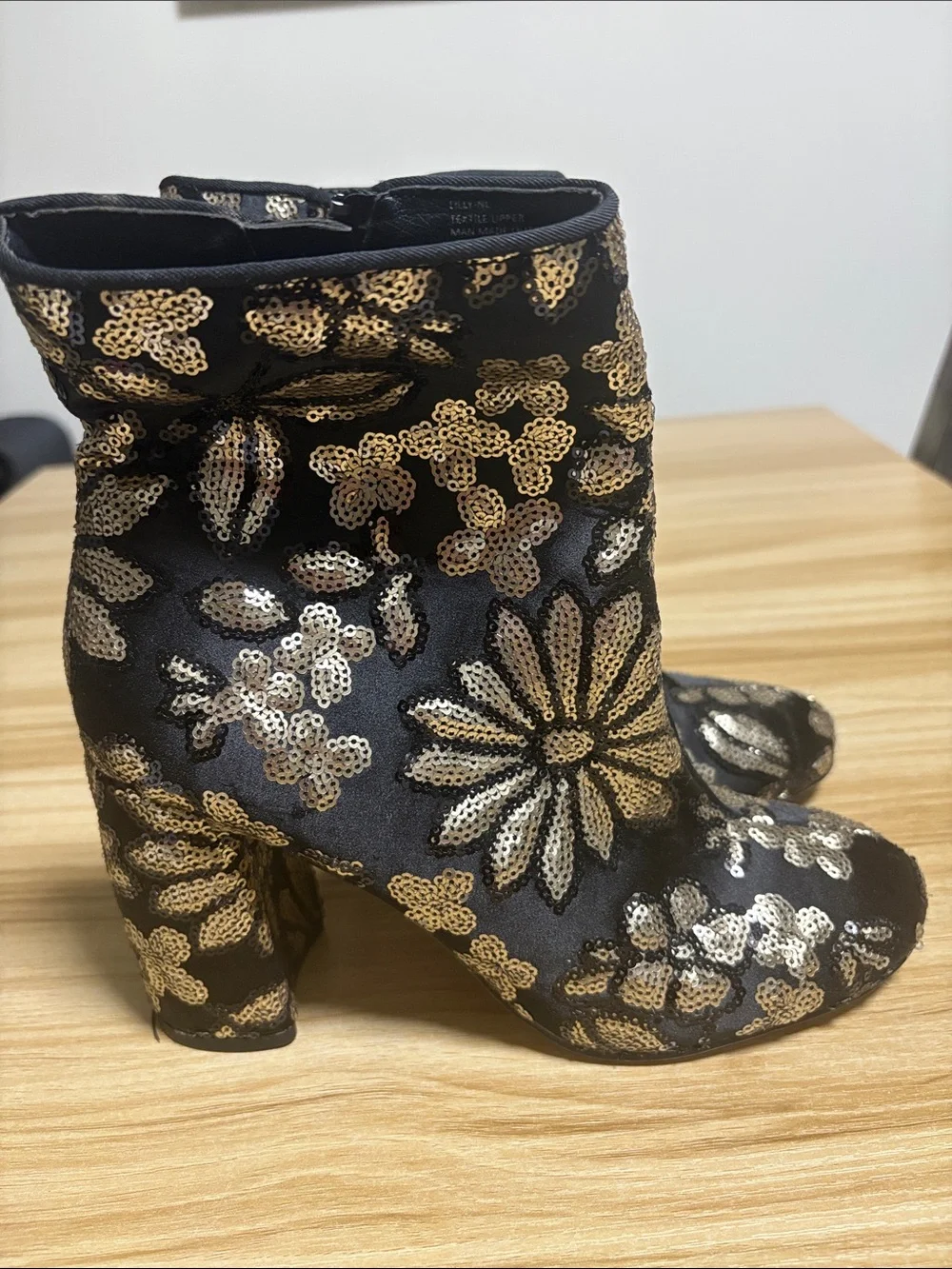 Nannette Black Ankle Boots with Gold Sequin Floral Embroidery